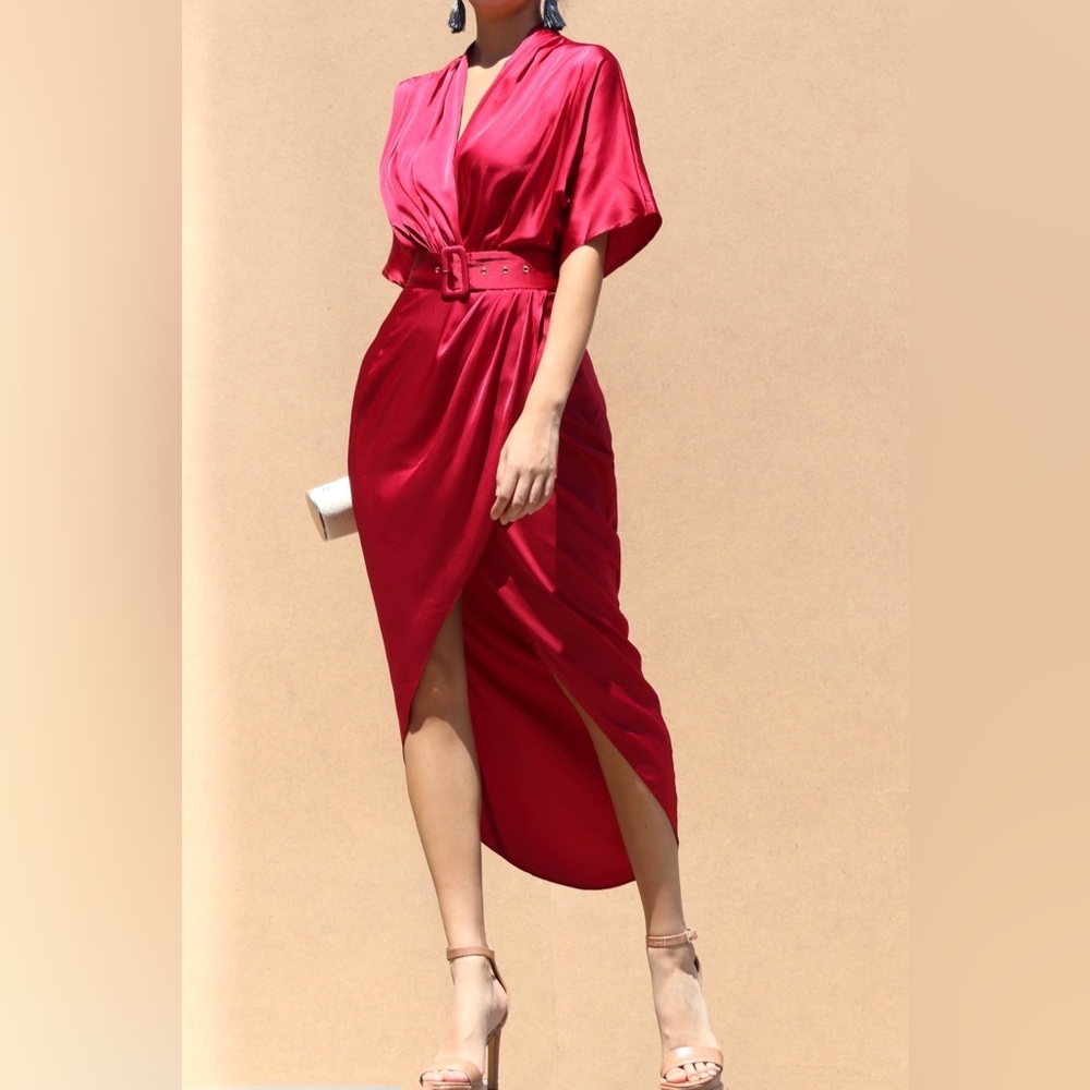 Burgundy red satin midi dress with short sleeves.